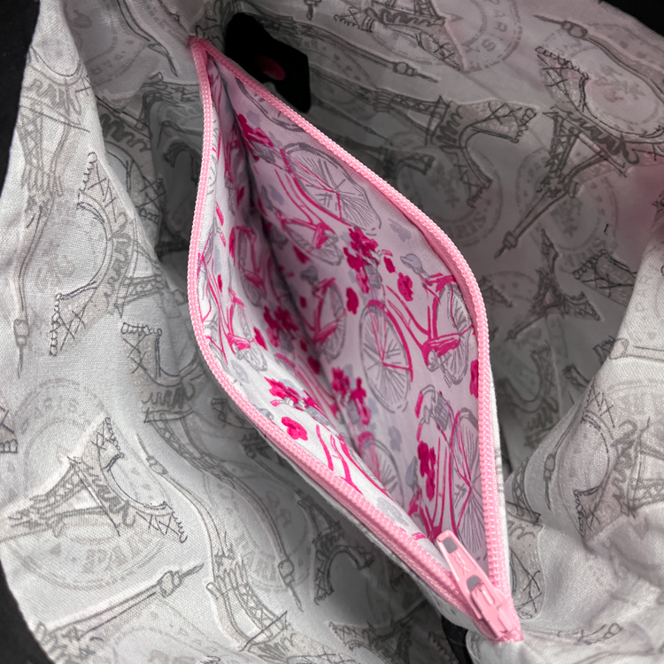 Paris Print sock knitting project bag with divider and snap tabs