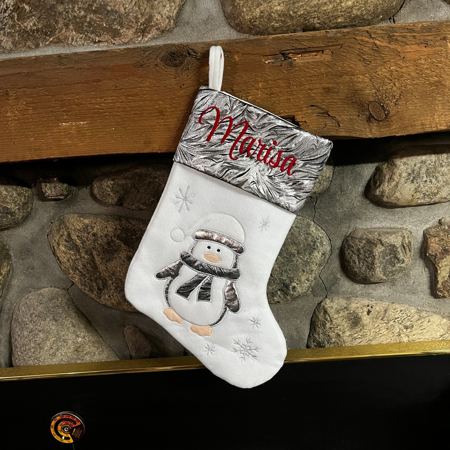Personalized Christmas stockings with embroidered name and appliquéd Santa, Reindeer, Penguin or Snowman