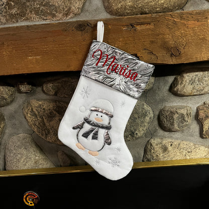 Personalized Christmas stockings with embroidered name and appliquéd Santa, Reindeer, Penguin or Snowman