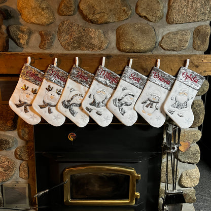 Personalized Christmas stockings with embroidered name and appliquéd Santa, Reindeer, Penguin or Snowman