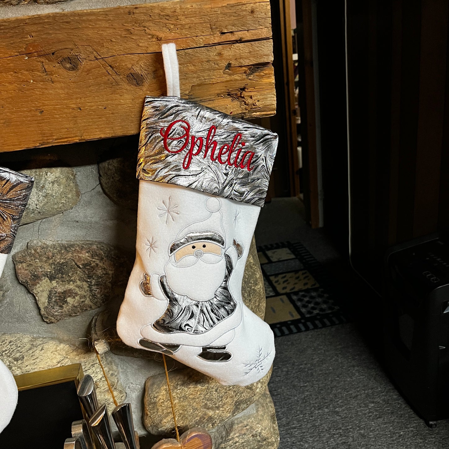 Personalized Christmas stockings with embroidered name and appliquéd Santa, Reindeer, Penguin or Snowman