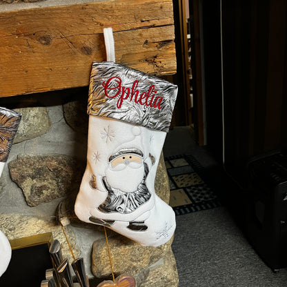 Personalized Christmas stockings with embroidered name and appliquéd Santa, Reindeer, Penguin or Snowman