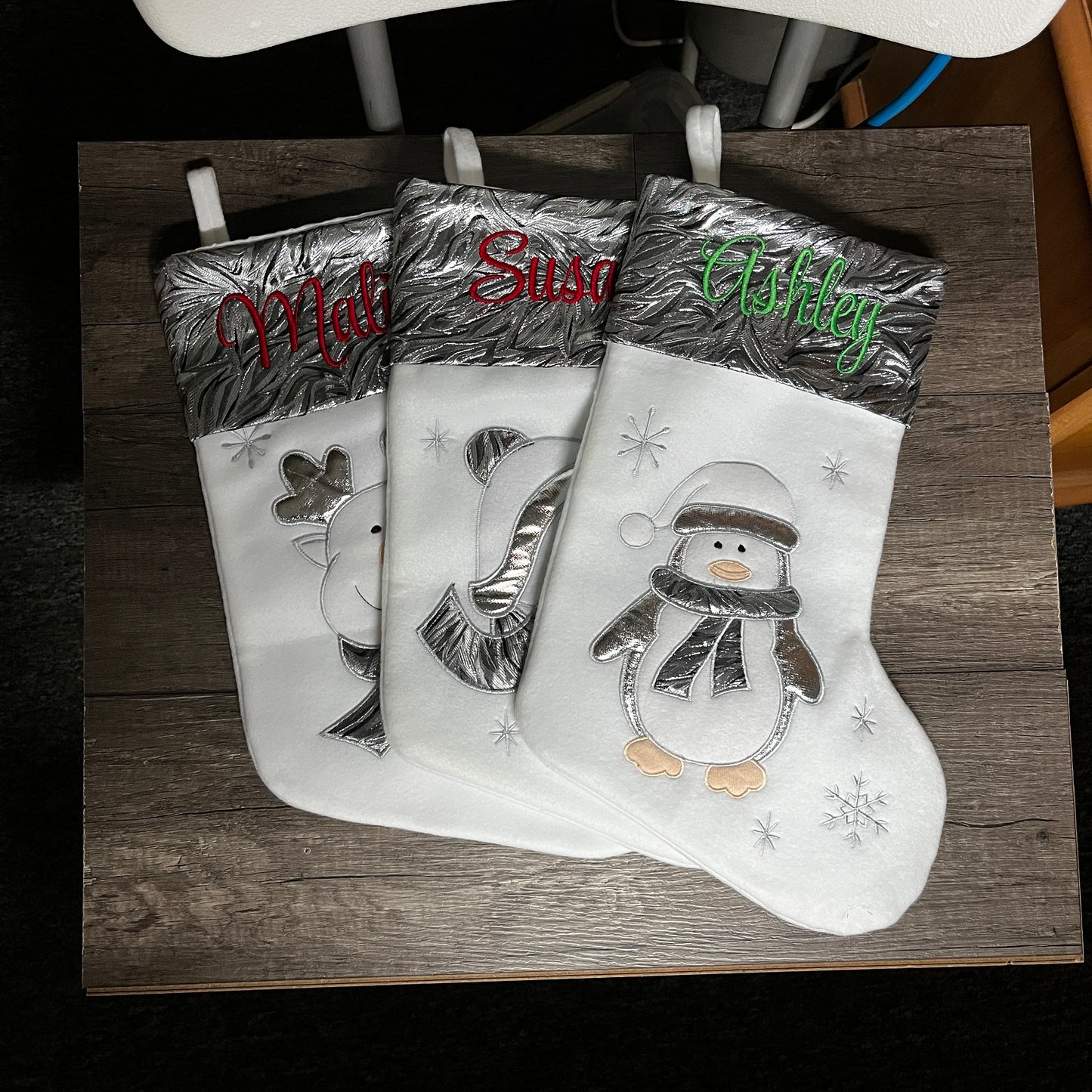 Personalized Christmas stockings with embroidered name and appliquéd Santa, Reindeer, Penguin or Snowman