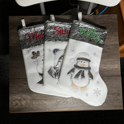 Personalized Christmas stockings with embroidered name and appliquéd Santa, Reindeer, Penguin or Snowman