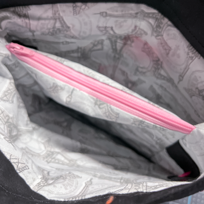 Paris Print sock knitting project bag with divider and snap tabs