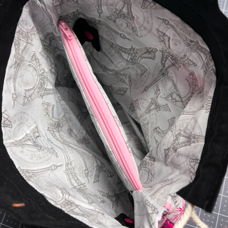Paris Print sock knitting project bag with divider and snap tabs