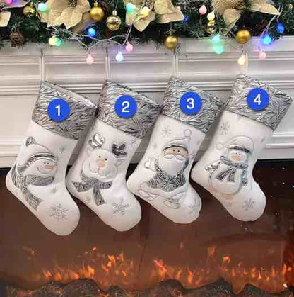 Personalized Christmas stockings with embroidered name and appliquéd Santa, Reindeer, Penguin or Snowman