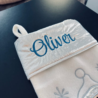 Personalized Christmas stockings with embroidered name and appliquéd Santa, Reindeer, Penguin or Snowman